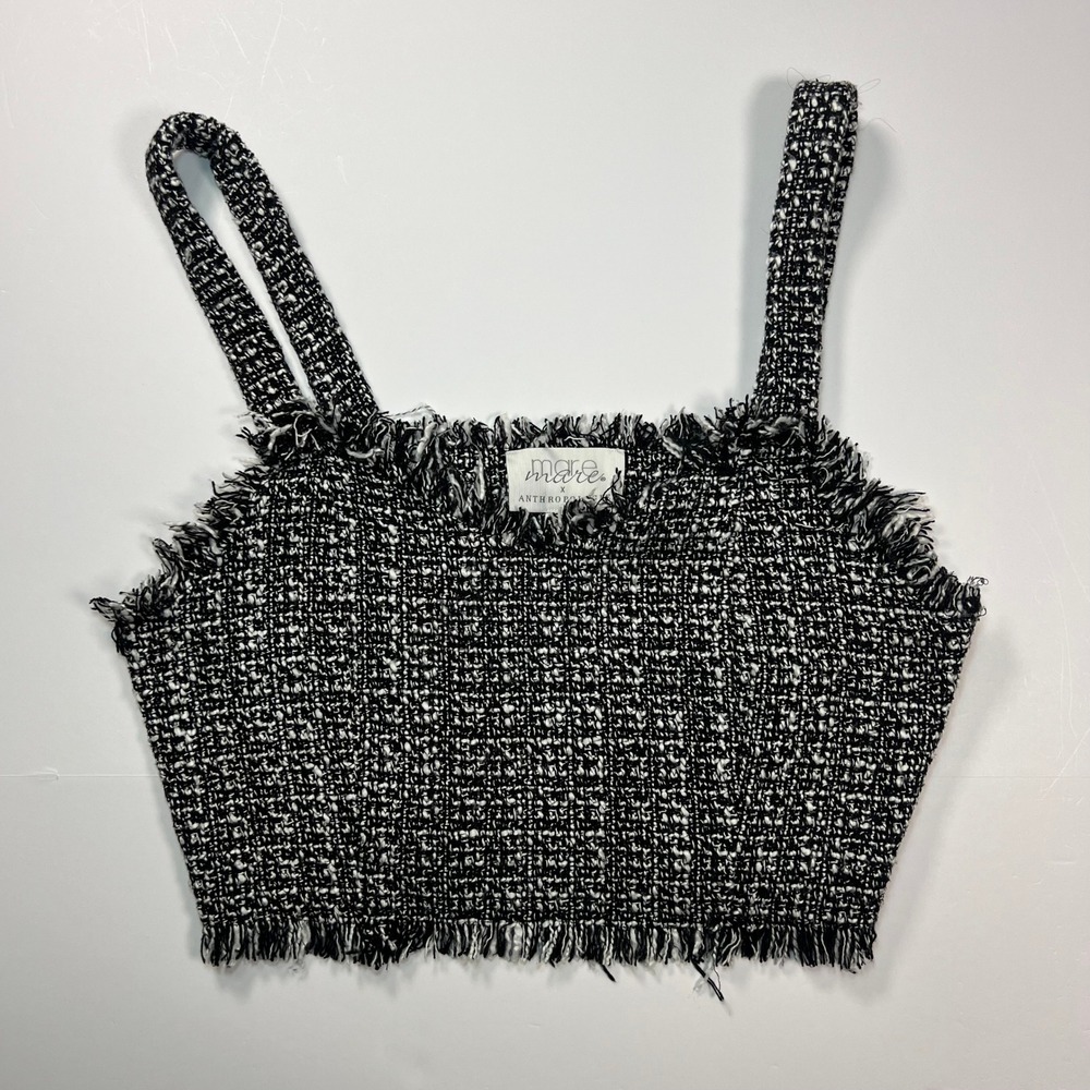Mare Mare x Anthropologie Tweed Crop Top Womens Medium Black White Frayed Trim